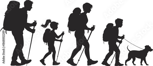 Hiking family silhouette illustration with parents children backpacks trekking poles dog outdoor adventure walking isolated black vector for adobe stock
