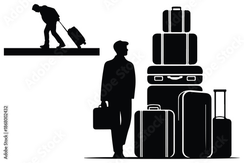 Silhouettes of people with luggage and stacked suitcases