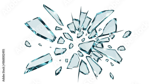 Broken glass shatter explosion, vector sharp ice fragments on white background, 3D splinters. Danger flying crystal piece, destroy windshield smithereens concept. Broken glass realistic clipart