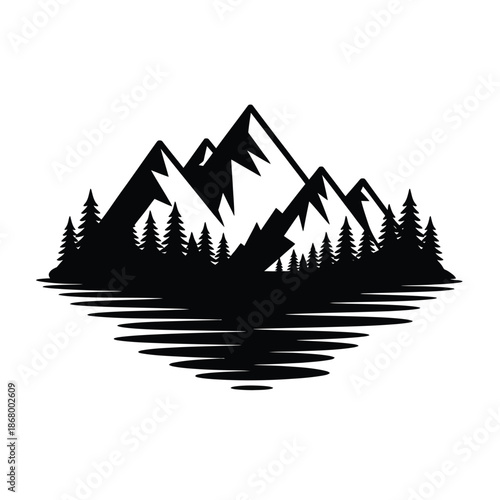 Mountain range with pine trees and reflection on calm water