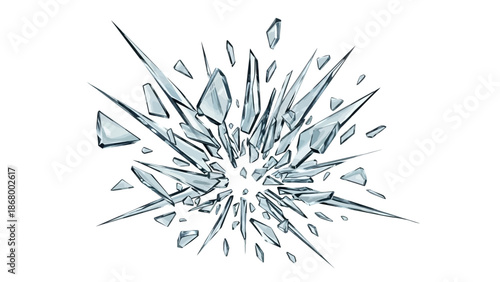 Broken glass shatter explosion, vector sharp ice fragments on white background, 3D splinters. Danger flying crystal piece, destroy windshield smithereens concept. Broken glass realistic clipart