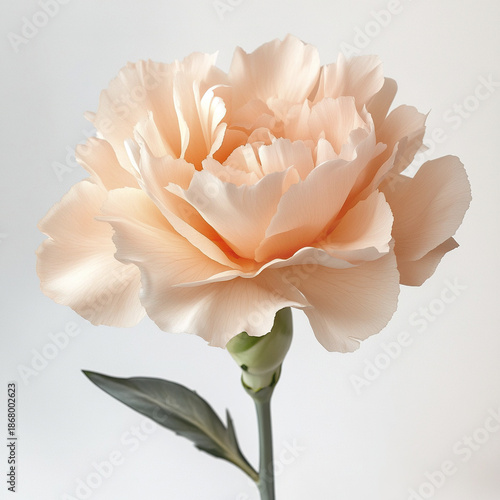 Delicate carnation flower in soft peach hues with ruffled petals and green stem, showcasing natural beauty and gentle elegance in close up view