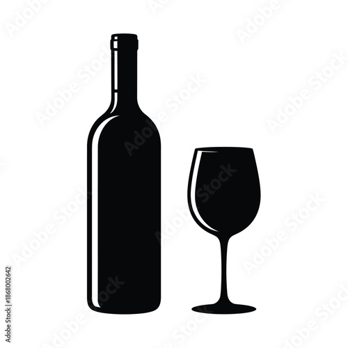 Wine bottle and glass on white background simple silhouette