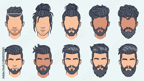 Collection of Diverse Male Hairstyles and Beards Illustrated.