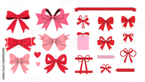 A set of colorful bow icons and ribbons in various styles and shades of red and pink on a white background