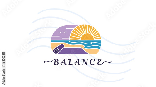 Yoga Mat Sunrise Beach Landscape Logo Design.