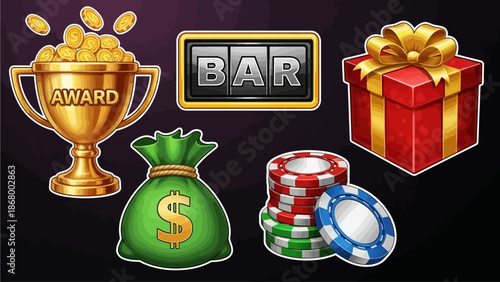 Casino slot icon set, virtual Vegas game fruit UI design elements, vector gambling machine badge kit. Golden award cup, bar sign, gift box, money bag, playing chips