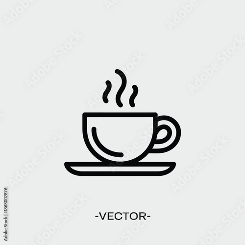 Simple black line art of a steaming hot cup of coffee on a saucer