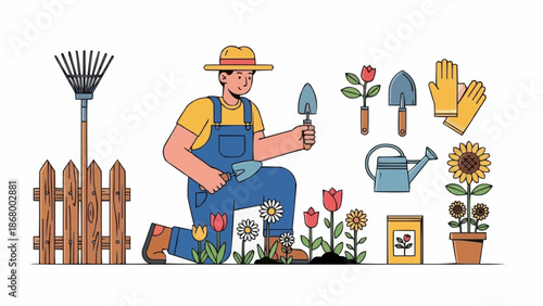 Gardener with tools and plants illustration.