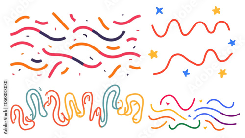 A colorful vector graphic illustration of celebratory confetti and stars in a flat, minimalist design style