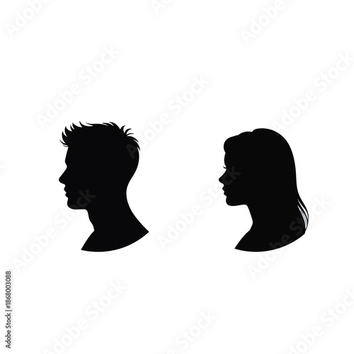 Black silhouettes of a man and a woman facing each other in profile