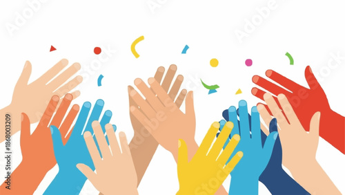 Many diverse hands clapping together in celebration with confetti.