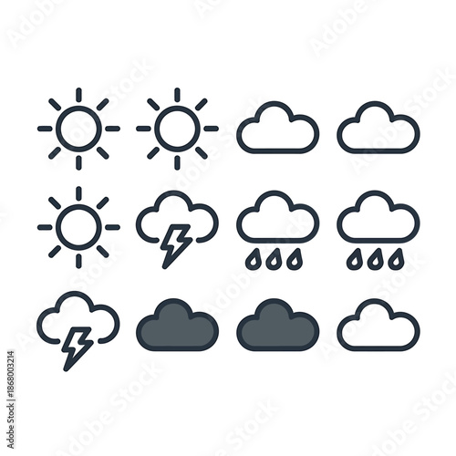 Weather forecast icons set with sun cloud rain and lightning symbols
