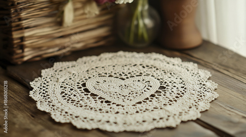 Delicate lace doily with intricate heart cutout design lies on rustic wooden table, creating charming and vintage atmosphere with soft natural light