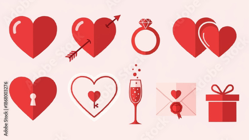 Collection of romantic symbols for Valentines Day celebration.