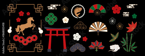 Happy New Year 2026 Japanese New Year elements vector illustration with torii gate, horse, fans and traditional icons on black background. Festive design for banners, posters and cards.
