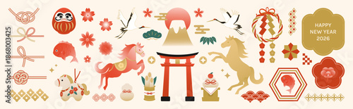 Happy New Year 2026 Japanese New Year elements vector illustration with torii gate, Mount Fuji, horse and lucky icons on beige background. Festive design for banners, posters and greeting cards.