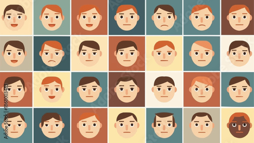 Diverse group of cartoon faces showing various emotions and expressions.