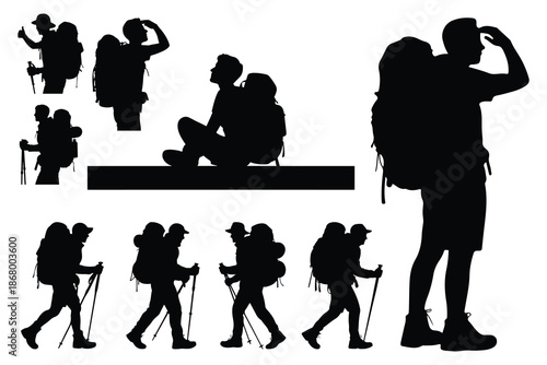 Silhouettes of Hikers with Backpacks and Trekking Poles
