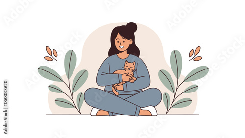 Young woman holding a small kitten in her arms.