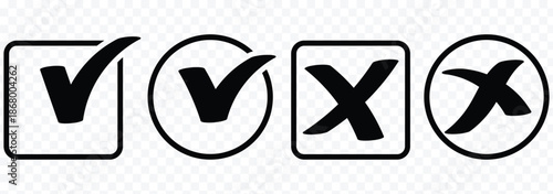 Hand drawn check and cross icons set in circle and square outline checklist marks vector illustration. Check tick mark icon set. Cross box x check mark checkbox v list vector draw hand drawn sketch.