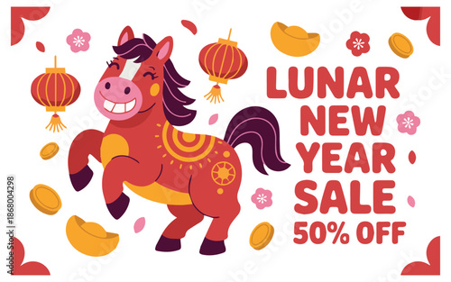 Lunar New Year sale with happy horse and gold coins