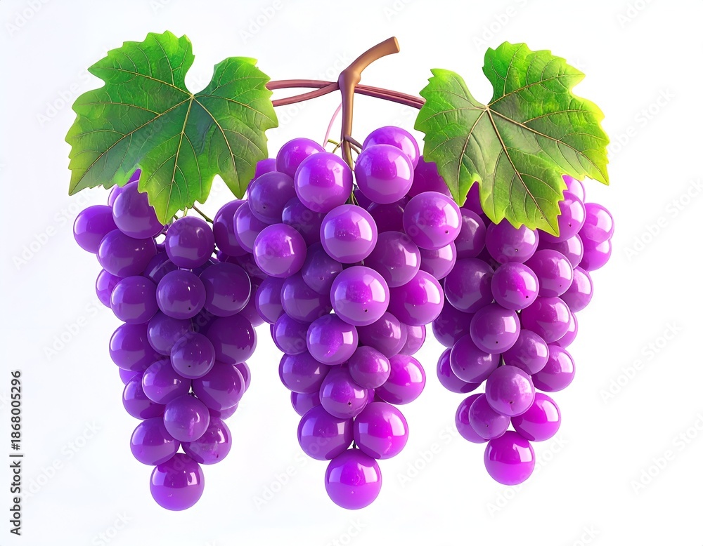 Fototapeta premium Three bunches of purple grapes with leaves against a white background