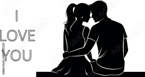 Black silhouette of a loving couple sitting together with romantic text
