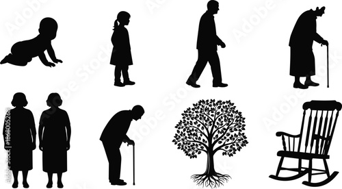 Human life cycle silhouette set from baby to elderly with aging stages tree chair isolated black vector illustration