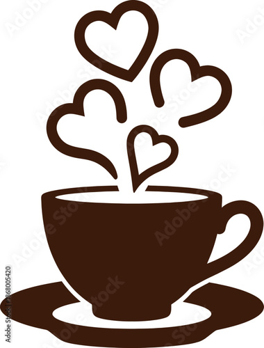 A brown coffee cup and saucer with steam hearts rising up