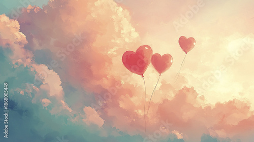 Dreamy pastel sky with soft clouds and three red heart shaped balloons floating gently, creating romantic and peaceful atmosphere filled with warmth and love