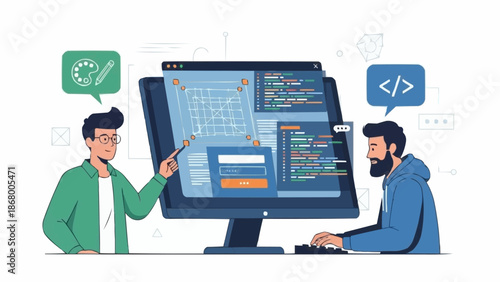 Two men collaborating on computer programming project together.