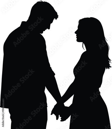 Silhouette of a couple holding hands, looking at each other, isolated on white background