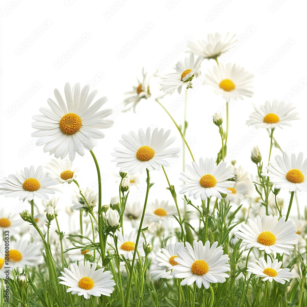 Obraz premium Field of white daisies with yellow centers swaying gently in breeze, creating bright and cheerful natural scene full of fresh green stems and delicate petals