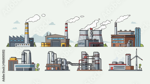 Collection of industrial factory buildings with smokestacks and wind turbine.