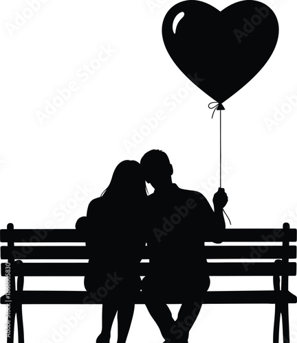 A romantic couple sits on a bench with a heart-shaped balloon