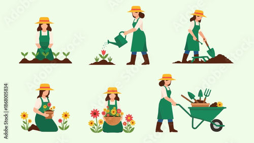 Woman Gardening Activities Set Vector Illustration.