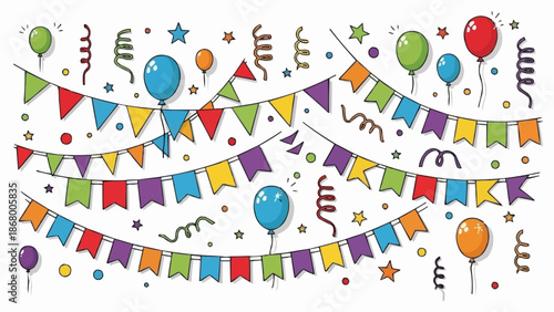 Colorful party decorations including balloons and bunting flags.