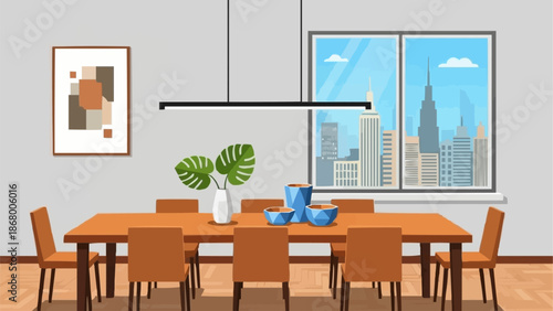 Modern Dining Room with City View and Artwork.