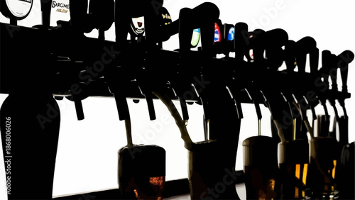 Row of beer taps in a bar silhouette.