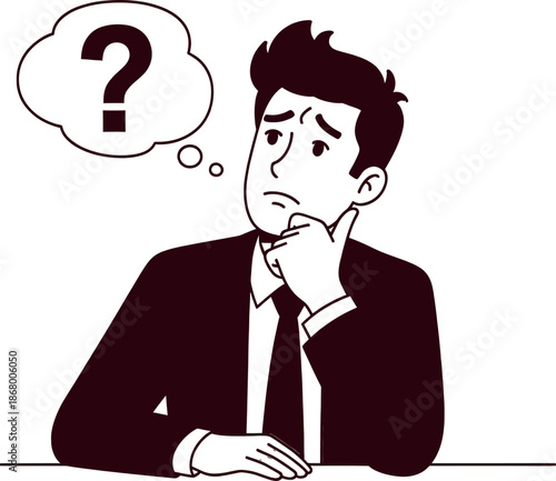 A man in a suit sitting at a table with a questioning thought bubble