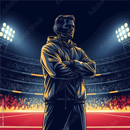 Focused Coach Standing in Stadium Ready for Game, Determination on His Face