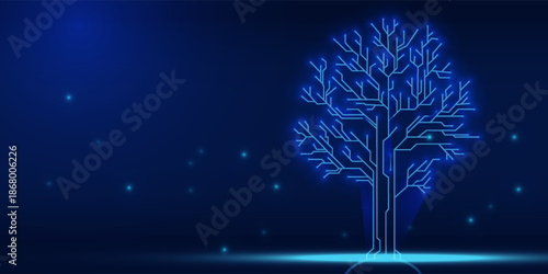 Futuristic Microchip Tree Technology Background, Digital Nature Circuit Design Concept, Abstract AI Innovation, Data Network Connection, High Tech Vector Illustration