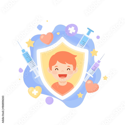 childhood vaccines, Happy child protected by shield with vaccines and medical symbols illustrating health and wellness