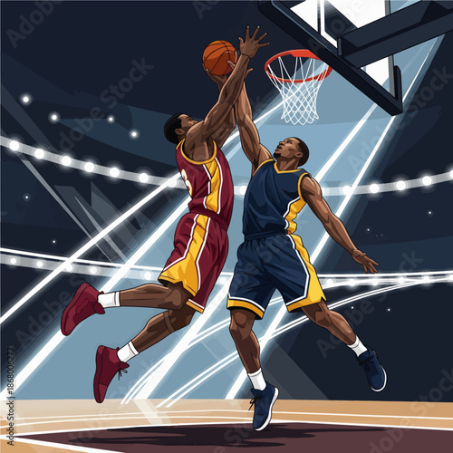 Dynamic basketball game action featuring two athletes competing for a powerful slam dunk