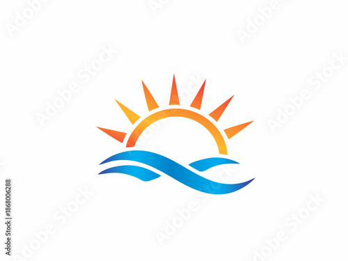 Abstract summer sun and blue water wave logo design template.