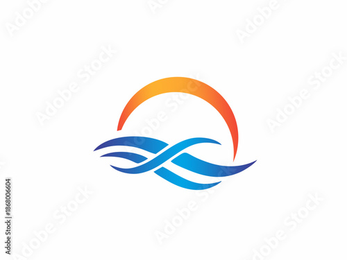 Modern sun and ocean wave icon representing nature and renewable energy.