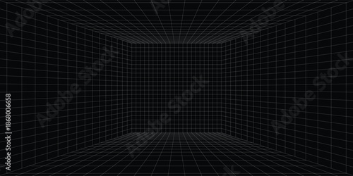 Futuristic perspective grid box. Abstract wireframe with white grid line on black background. Virtual reality landscape in 80s 90s digital style. Vector