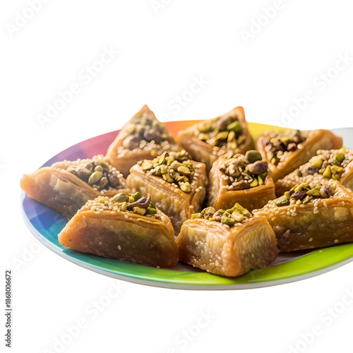 Delicious Baklava Pastries with Pistachios on Rainbow Plate, High-quality Transparent PNG