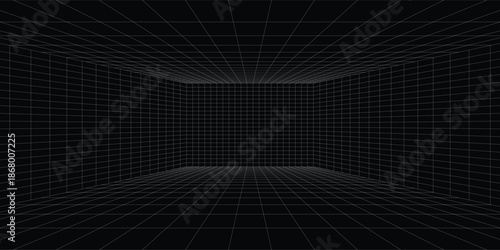 Futuristic perspective grid box. Abstract wireframe with white grid line on black background. Virtual reality landscape in 80s 90s digital style. Vector